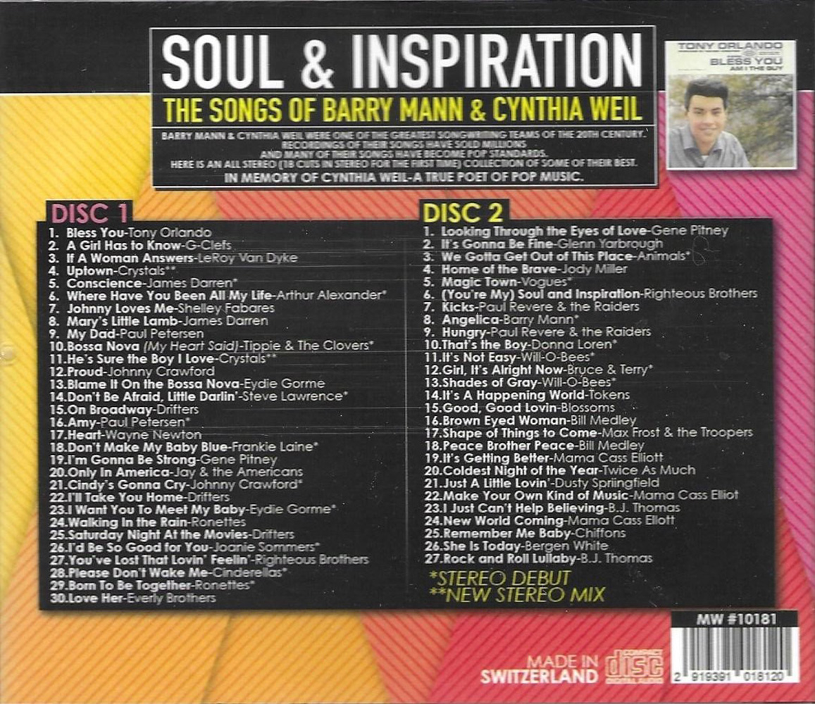 Soul & Inspiration- Songs of Barry Mann & Cynthia Weil-18 Stereo Debuts (2 CD) - Click Image to Close